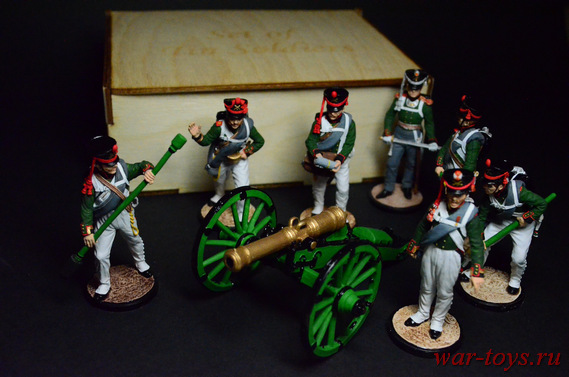 Набор оловянных солдатиков - Русский артиллерийский расчет. 7 фигурок плюс пушка